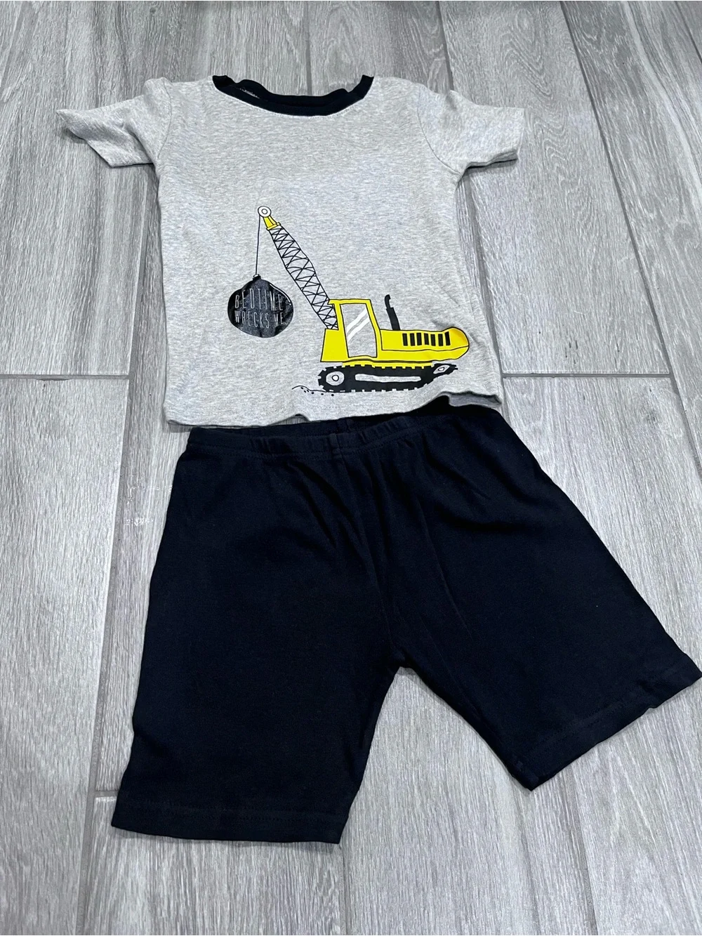 Gray & Black Kids Construction PJ Tee and Shorts Set with Yellow Crane Graphic